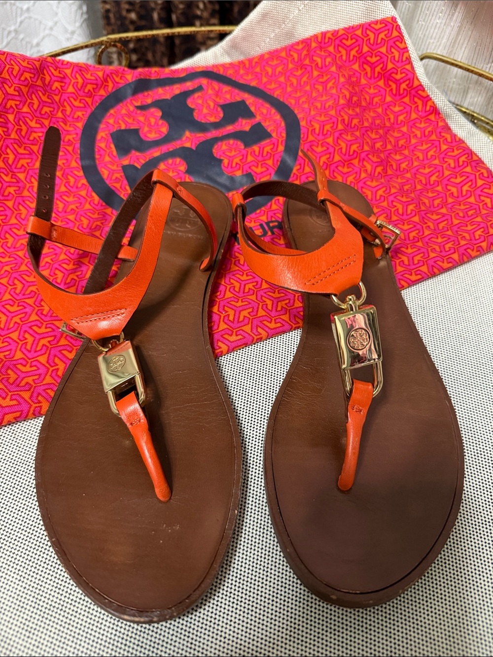 Tory Burch Orange Leather Thong Sandals with Gold Logo Accents